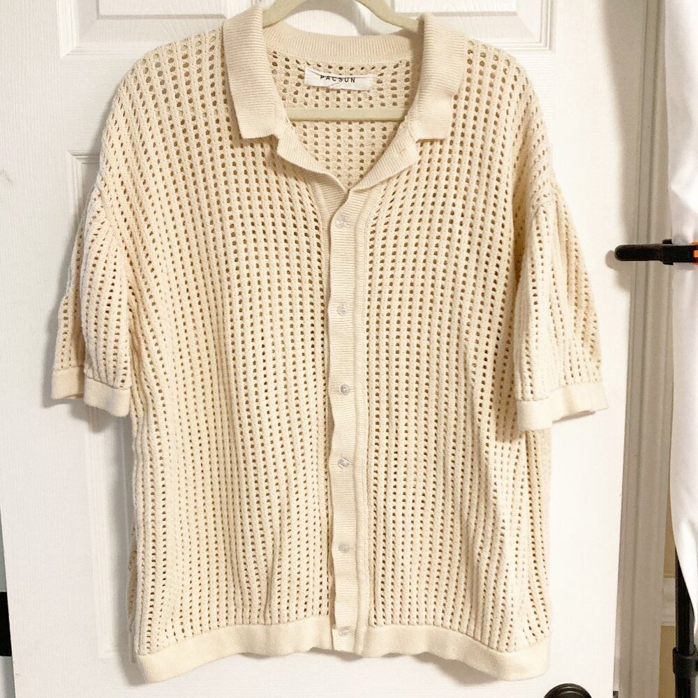 PacSun Off White Open Knit 2.0 Woven Camp Shirt Size L 100% Cotton Open Knit